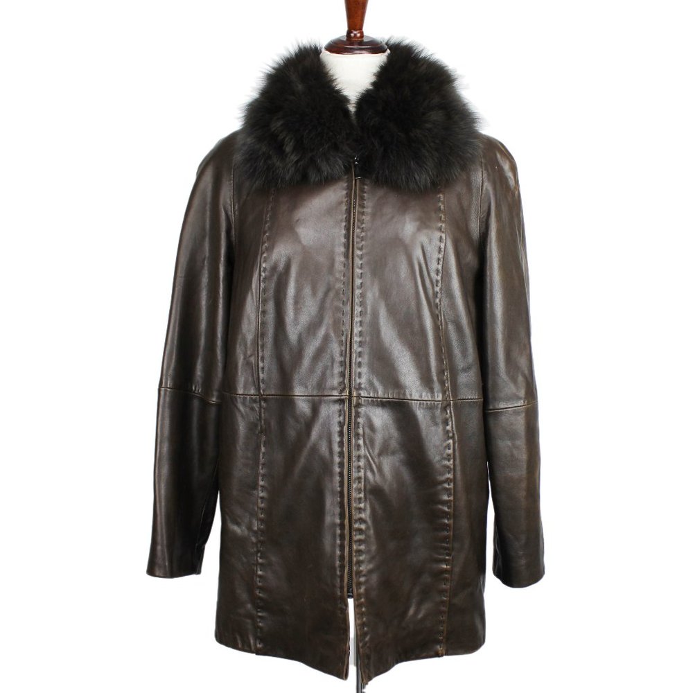 Gallery Brown Lamb Leather Removable Fur Collar Full Zip Jacket Petite S PS